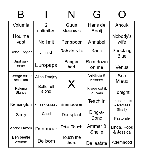 Muziekbingo buurtfeest Rozenstraat Bingo Card