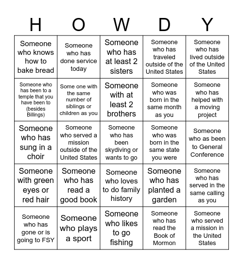 Getting to know you Ward Activity LDS Bingo Card
