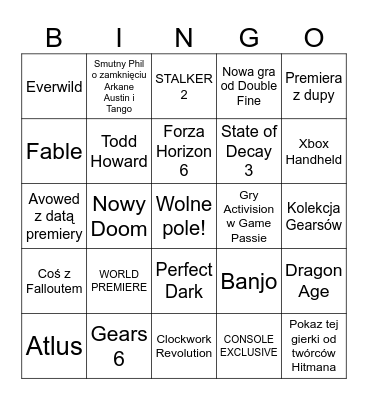 Xbox Showcase Bingo Card