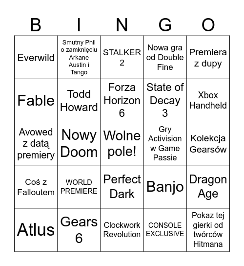 Xbox Showcase Bingo Card