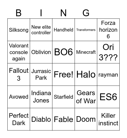 Xbox Showcase Bingo Card