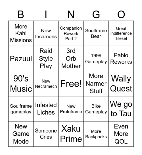 TennoCon 2024 Winter Bingo Card