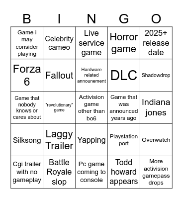 Xbox Showcase Bingo Card