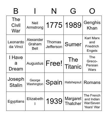 Quizzy Bingo: History Bingo Card