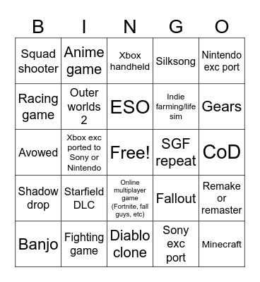 Xbox Bingo Card