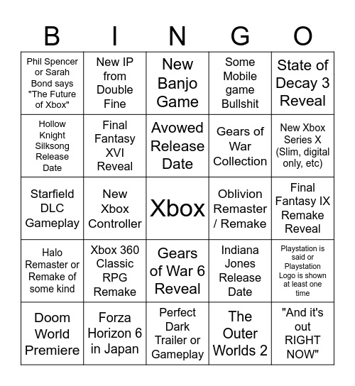Xbox 2024 Showcase Bingo Card