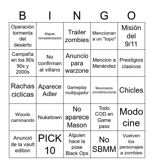 Call Of Duty: Black Ops 6 Bingo Card