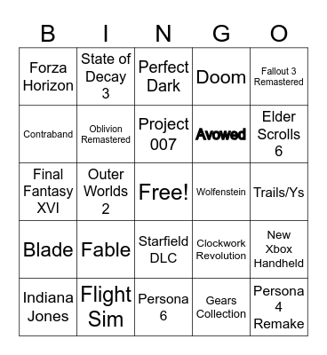 Xbox Showcase 2024 Bingo Card