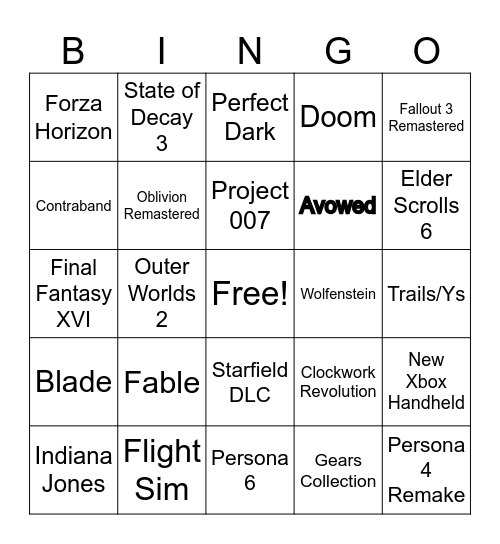 Xbox Showcase 2024 Bingo Card