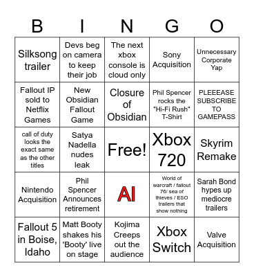 xbox showcase bingo Card