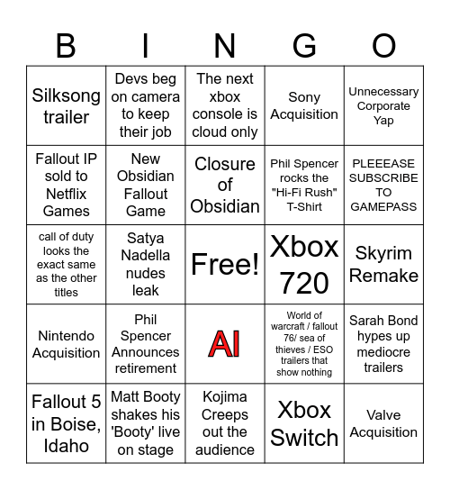 xbox showcase bingo Card