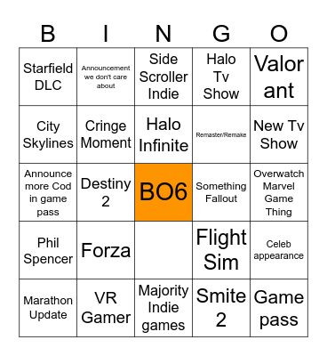 Xbox Showcase Bingo Card