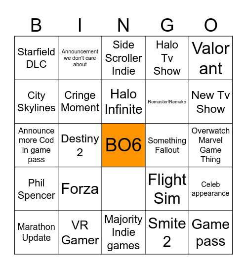 Xbox Showcase Bingo Card