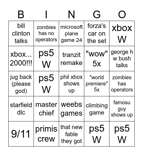 xboxs show Bingo Card