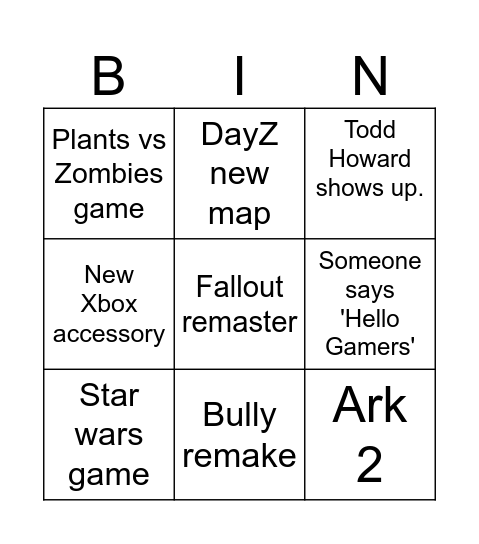 Xbox showcase bingo card Bingo Card