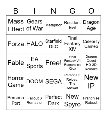 Xbox Showcase 2024 Bingo Card