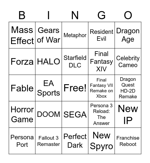 Xbox Showcase 2024 Bingo Card
