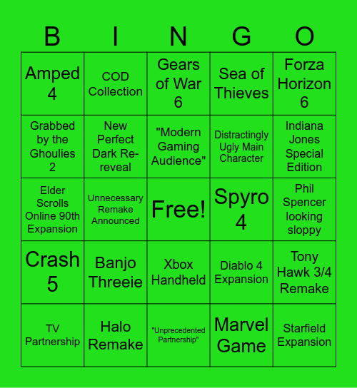 Xbox 2024 Games Showcase Bingo Card
