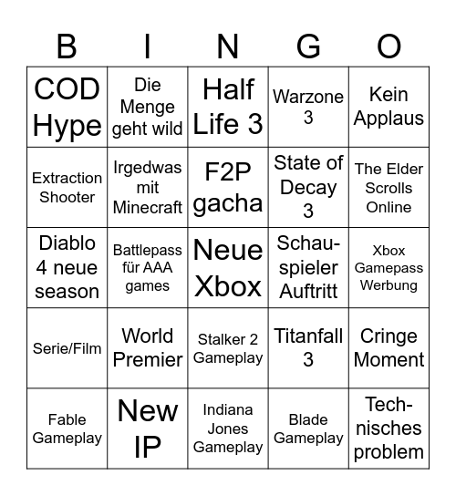 Xbox Showcase Bingo Card