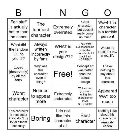 Character Opinion Bingo Card