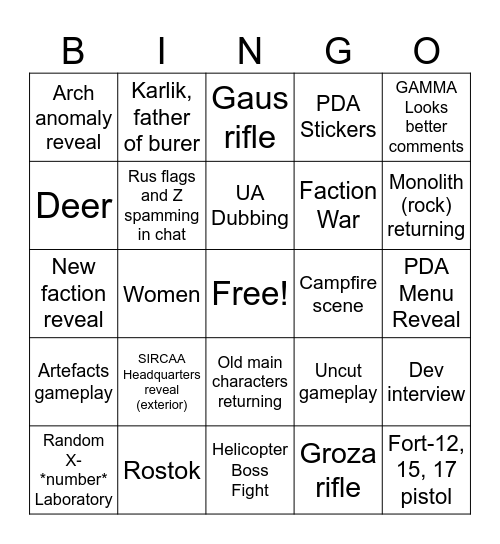 Stalker 2 Xbox Showcase 2024 Trailer Bingo Card