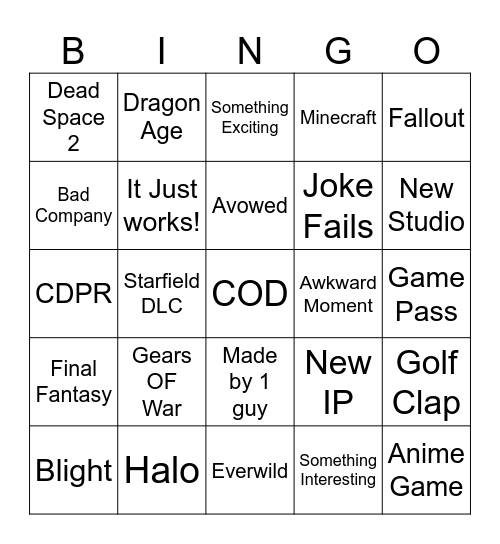 Xbox Showcase 2024 Bingo Card