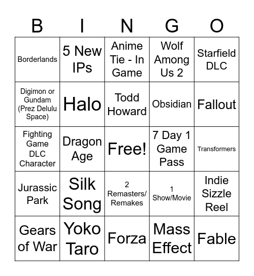 SGF XBOX Showcase '24 Bingo Card