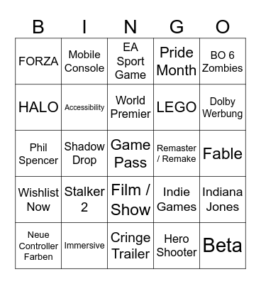 Xbox Bingo Card