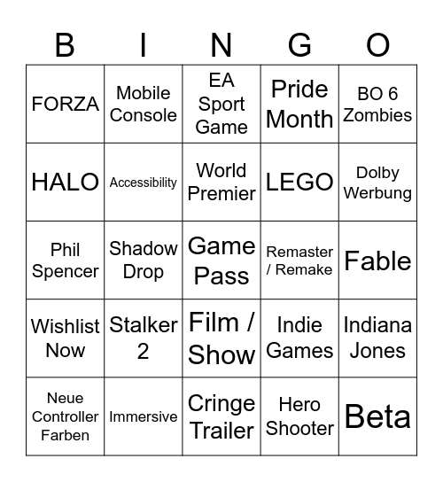 Xbox Bingo Card
