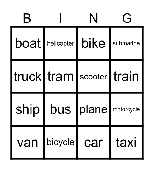TRANSPORT BINGO Card