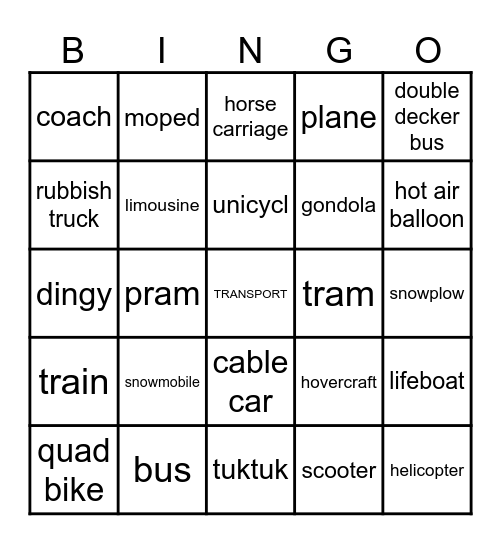 TRANSPORT BINGO Card