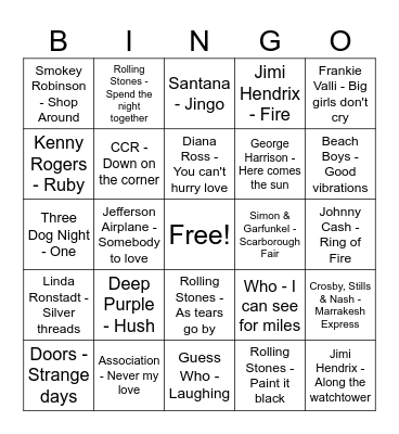 60s songs - game two Bingo Card