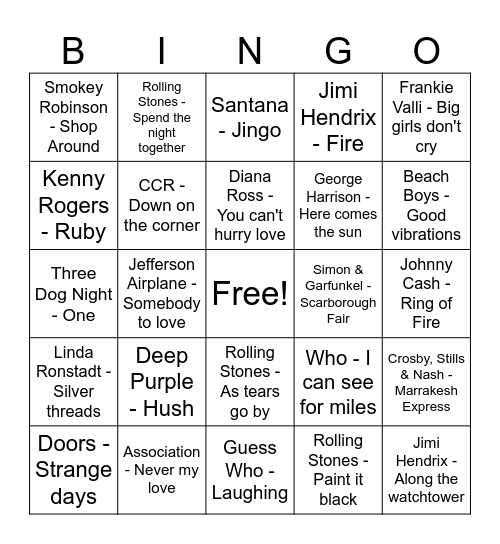 60s songs - game two Bingo Card