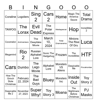 1 Second From 49 Animated Movies & TV Shows Bingo Card