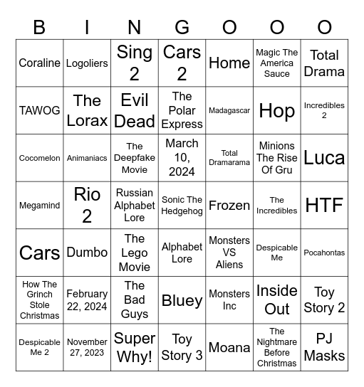 1 Second From 49 Animated Movies & TV Shows Bingo Card