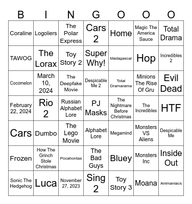 1 Second From 49 Random Animated Movies & TV Shows Bingo Card