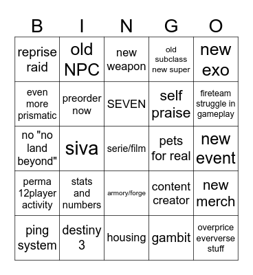 BUNGIE BINGO Card