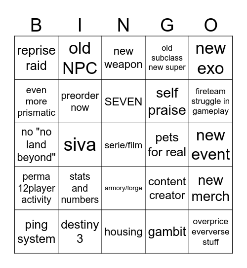 BUNGIE BINGO Card