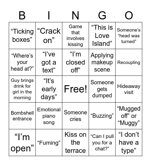 Love Island Bingo Card