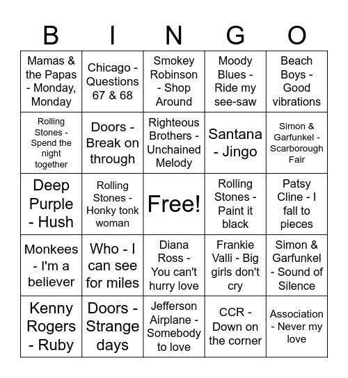 60s Music - Game 2 Bingo Card