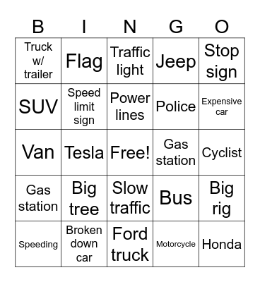 Road trip bingo Card