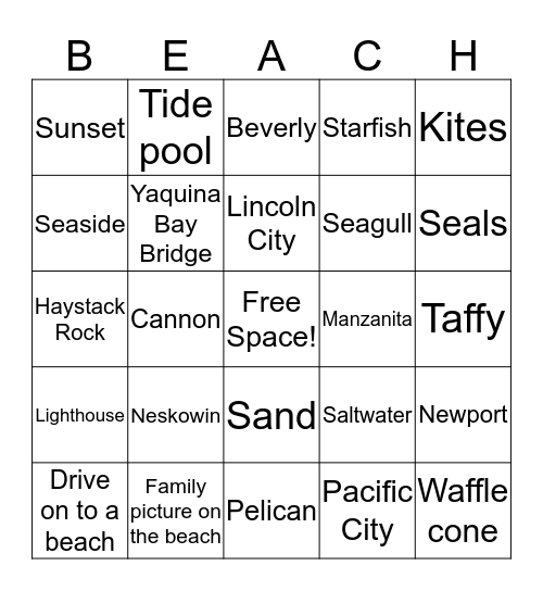 Oregon Beach Bingo! Bingo Card