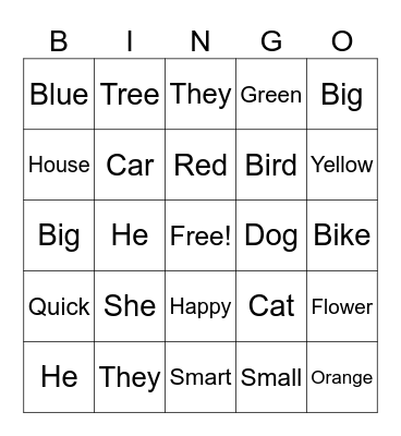 Bingo Game for Practicing Nouns, Pronouns, and Adjectives Bingo Card