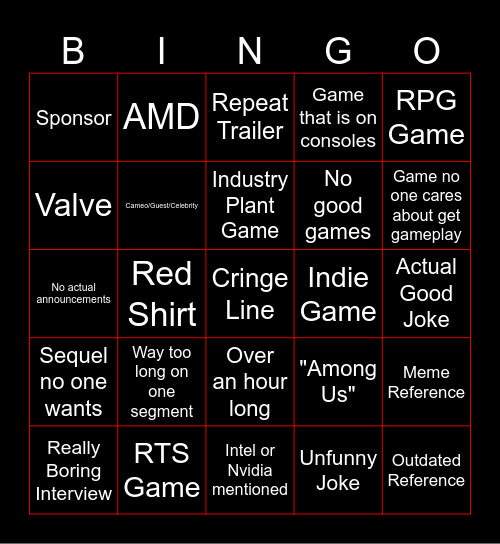 PC Gaming Show Bingo Card