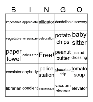 4-Syllable Words Bingo Card