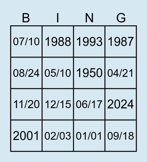 YEARS AND DATES Bingo Card