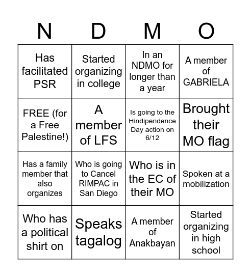 NDMO Bingo Card