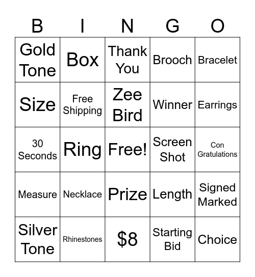 Temptations Jewelry and More Bingo Card