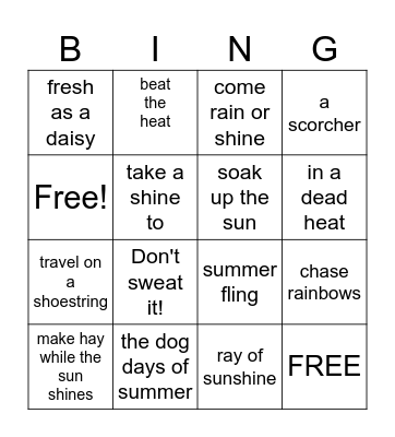 Summer idioms Bingo Card