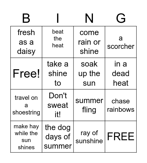 Summer idioms Bingo Card